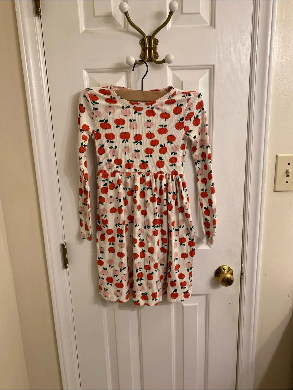 HANNA ANDERSON Girls 8 Long Sleeve Apple Fall Dress Cream w/ Red Apple Pattern